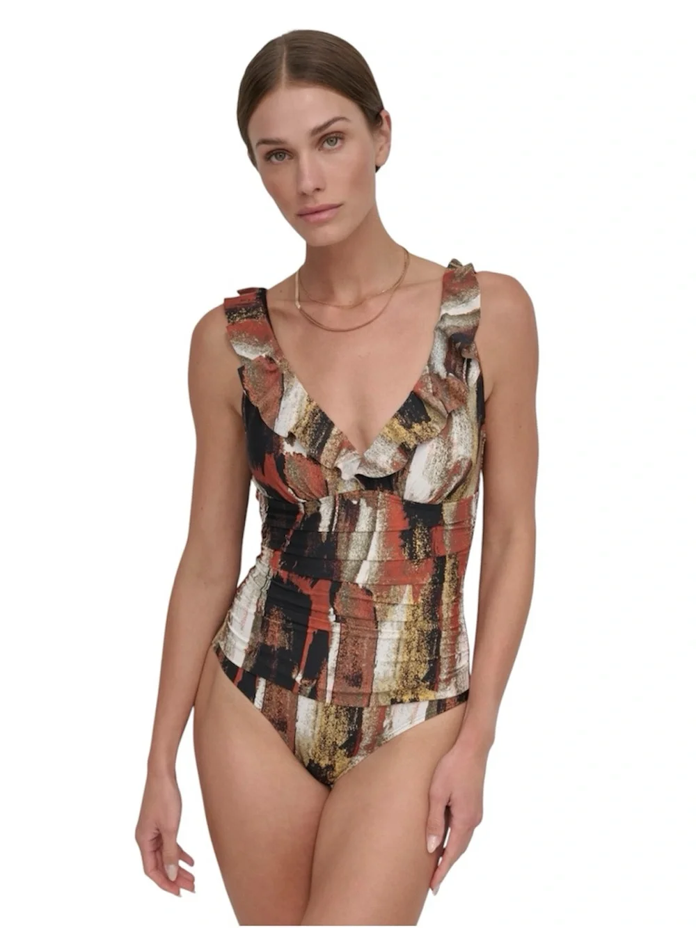 DKNY Ruffle Plunge Underwire Tummy Control One-Piece Swim Size Small - Picture 1 of 4